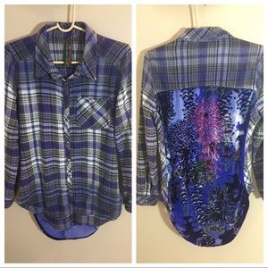 Floral Back Plaid Button-Down Shirt - Blue